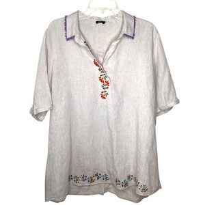 Vivid 100% Linen Embroidered Tunic Top Beige‎ Beaded Women's XL Boho Prairie EUC